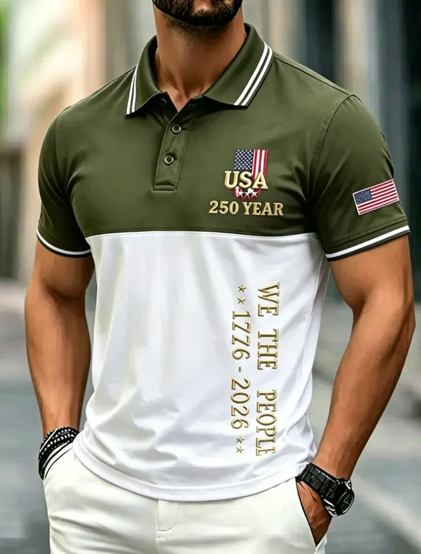 Men's Color Block Patriotic Commemorative Polo Shirt