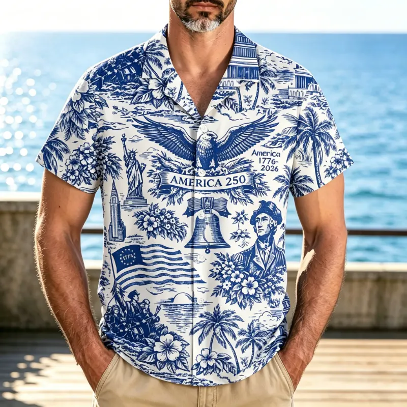 Men's 250th Anniversary Blue And White Tropical Camp Collar Short Sleeve Shirt