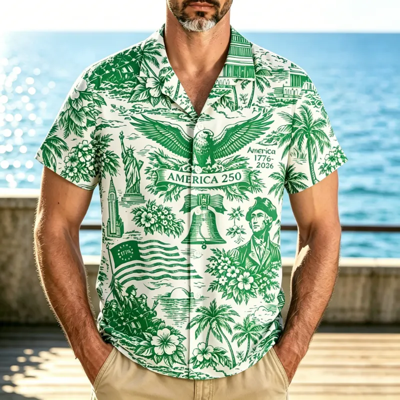 Men's 250th Anniversary Blue And White Tropical Camp Collar Short Sleeve Shirt