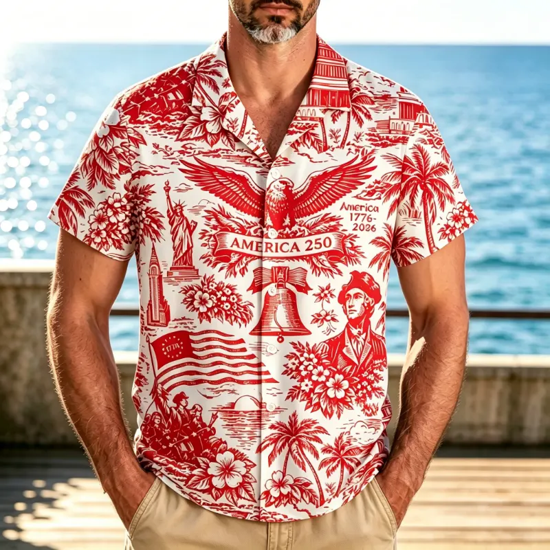 Men's 250th Anniversary Blue And White Tropical Camp Collar Short Sleeve Shirt