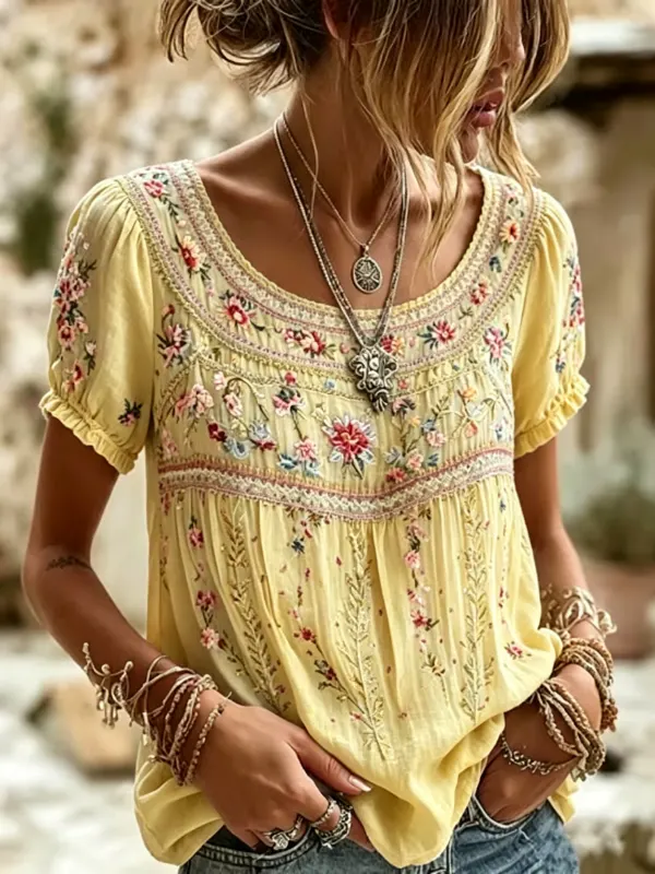 Women's Bohemian Floral Embroidery Puff Short Sleeve Blouse