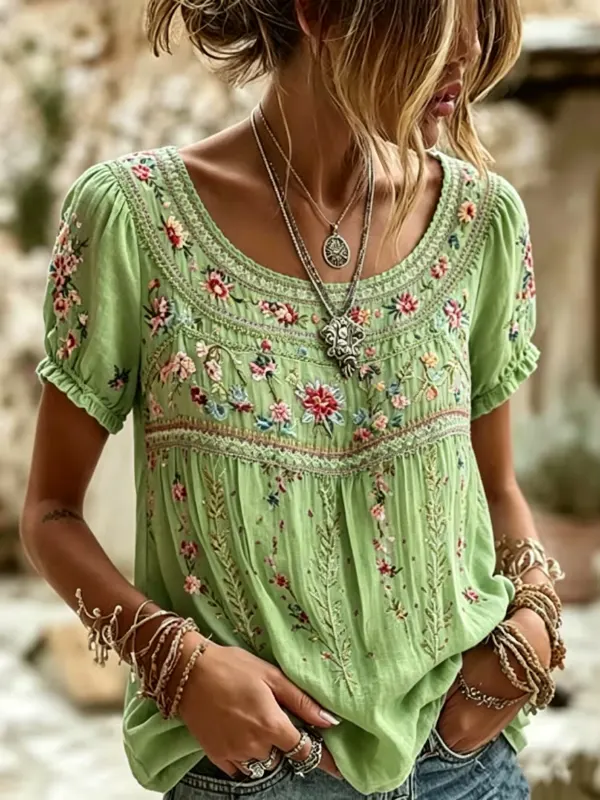 Women's Bohemian Floral Embroidery Puff Short Sleeve Blouse