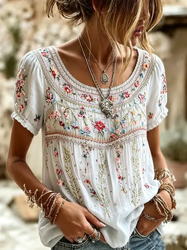 Women's Bohemian Floral Embroidery Puff Short Sleeve Blouse