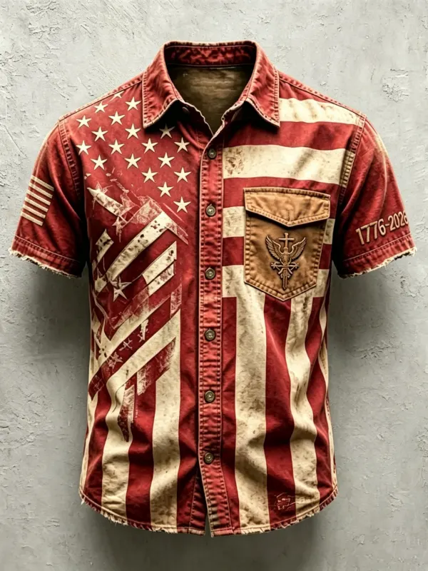 Men's Vintage Distressed Flag Faith Embroidered Short Sleeve Button Shirt