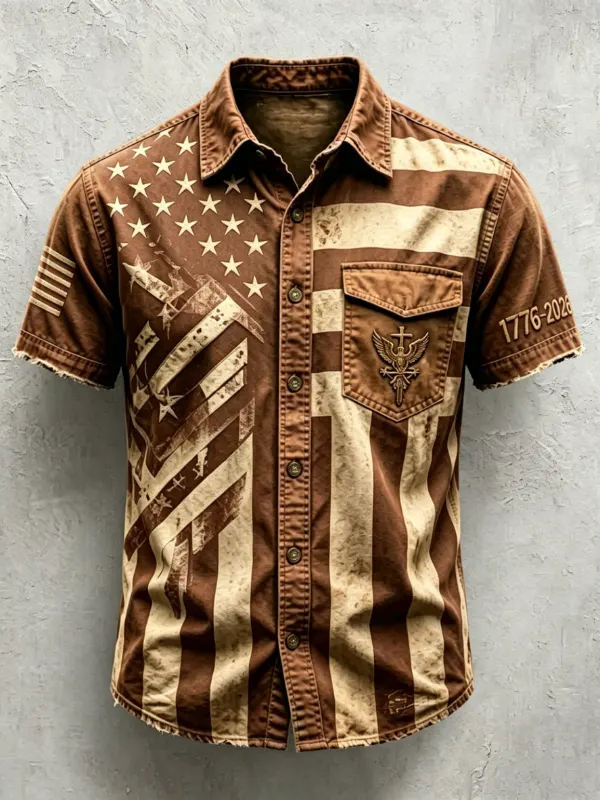 Men's Vintage Distressed Flag Faith Embroidered Short Sleeve Button Shirt
