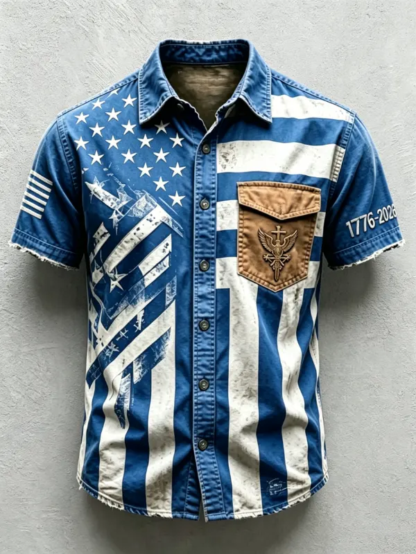 Men's Vintage Distressed Flag Faith Embroidered Short Sleeve Button Shirt