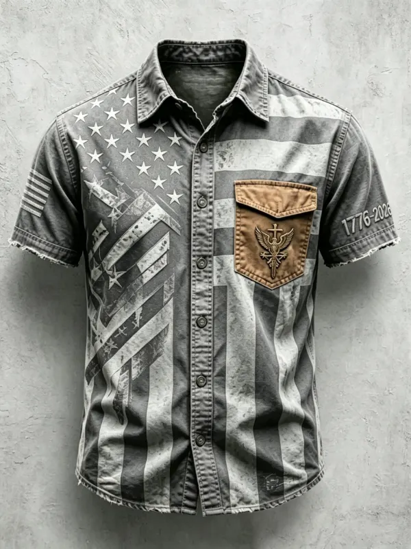 Men's Vintage Distressed Flag Faith Embroidered Short Sleeve Button Shirt