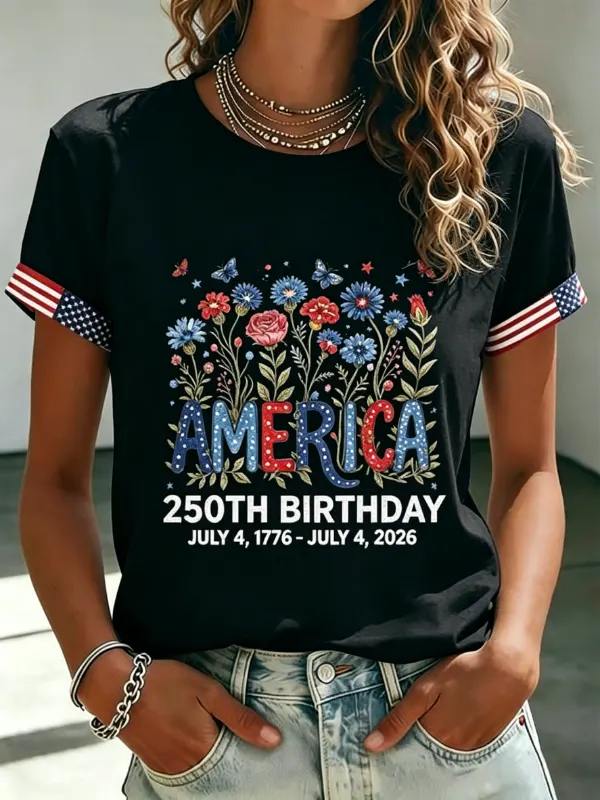 Women's Floral Patriotic 250th Anniversary Short Sleeve T-Shirt