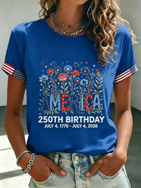 Women's Floral Patriotic 250th Anniversary Short Sleeve T-Shirt
