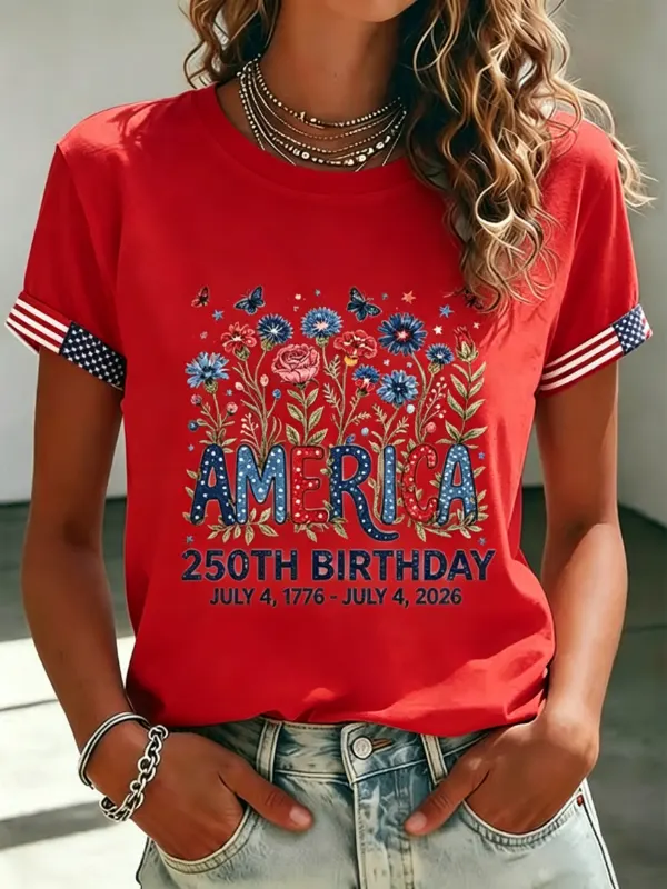 Women's Floral Patriotic 250th Anniversary Short Sleeve T-Shirt