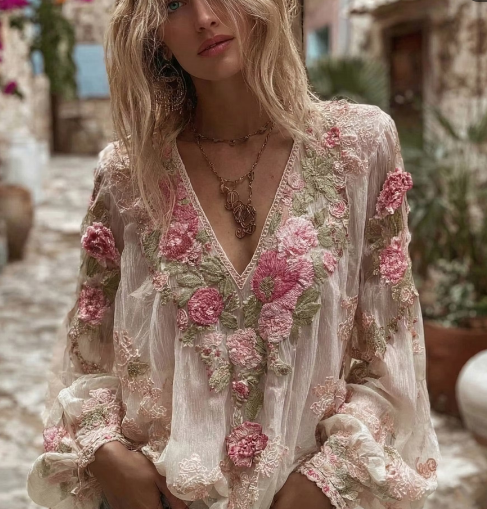 Women's Vintage Boho 3D Floral Beaded Long Sleeve Blouse