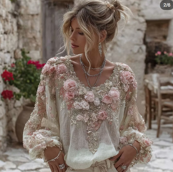 Women's Vintage Boho 3D Floral Beaded Long Sleeve Blouse