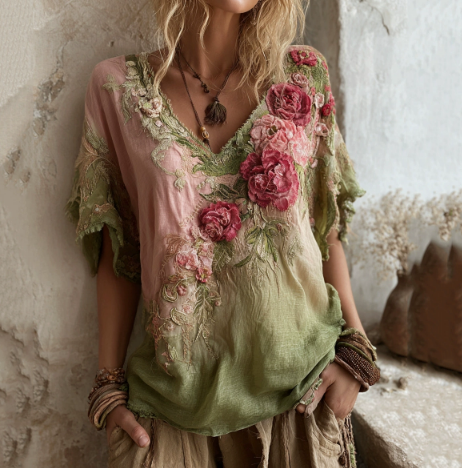 Women's Vintage Boho 3D Floral Beaded Long Sleeve Blouse