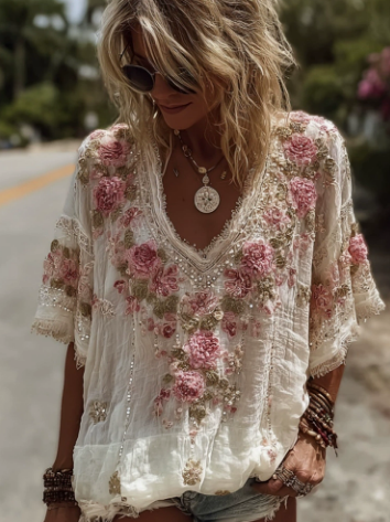 Women's Vintage Boho 3D Floral Beaded Long Sleeve Blouse