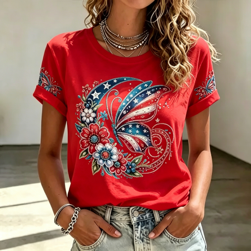 Women's Patriotic Butterfly & Floral Short-Sleeve Tee