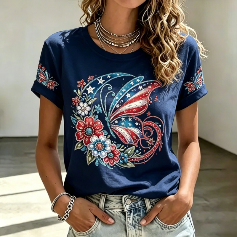 Women's Patriotic Butterfly & Floral Short-Sleeve Tee