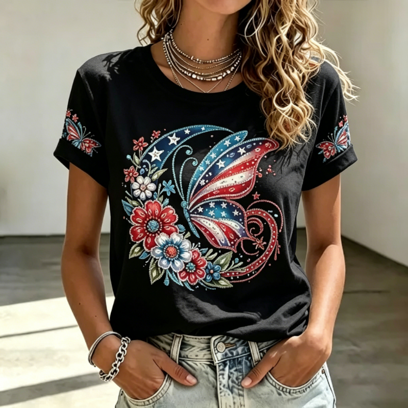 Women's Patriotic Butterfly & Floral Short-Sleeve Tee