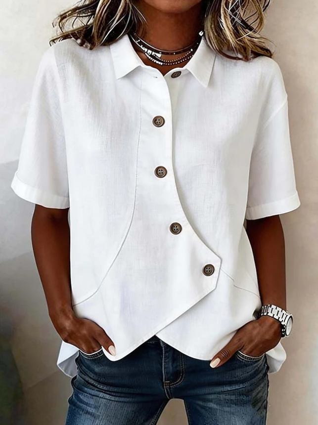 Women's Irregular Asymmetrical Button Short Sleeve Linen Shirt