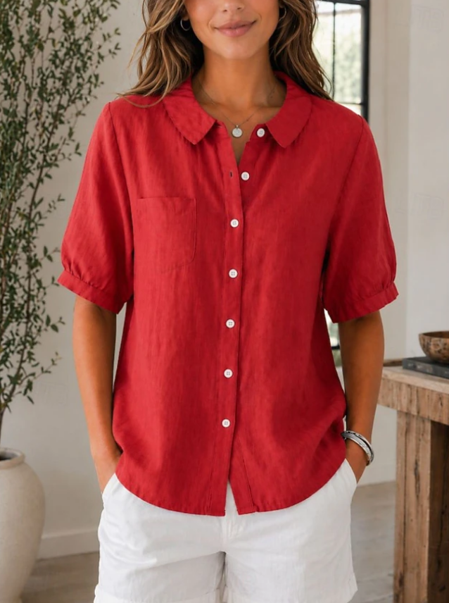 Women's Irregular Asymmetrical Button Short Sleeve Linen Shirt