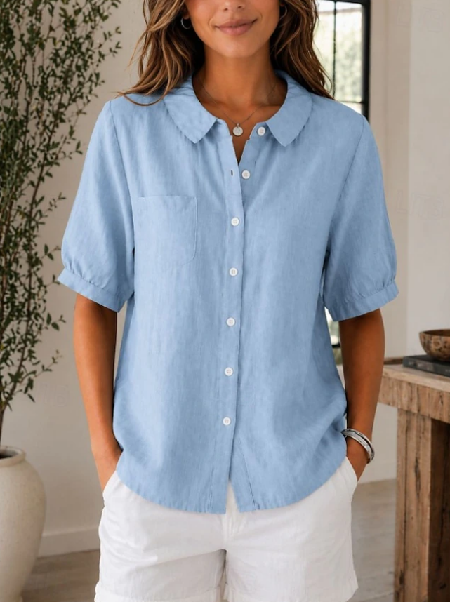 Women's Irregular Asymmetrical Button Short Sleeve Linen Shirt