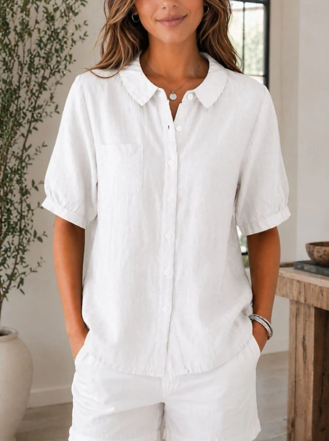 Women's Irregular Asymmetrical Button Short Sleeve Linen Shirt