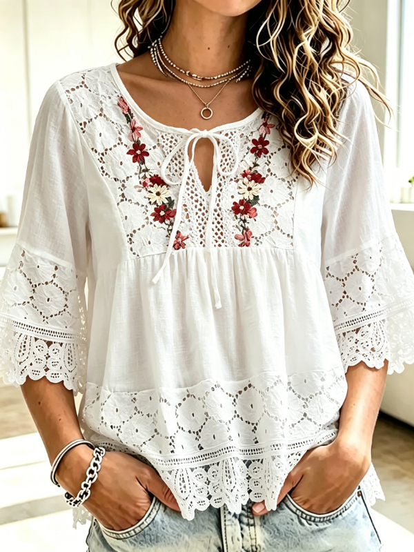 Women's Boho Lace Floral Embroidery Tie Neck Blouse