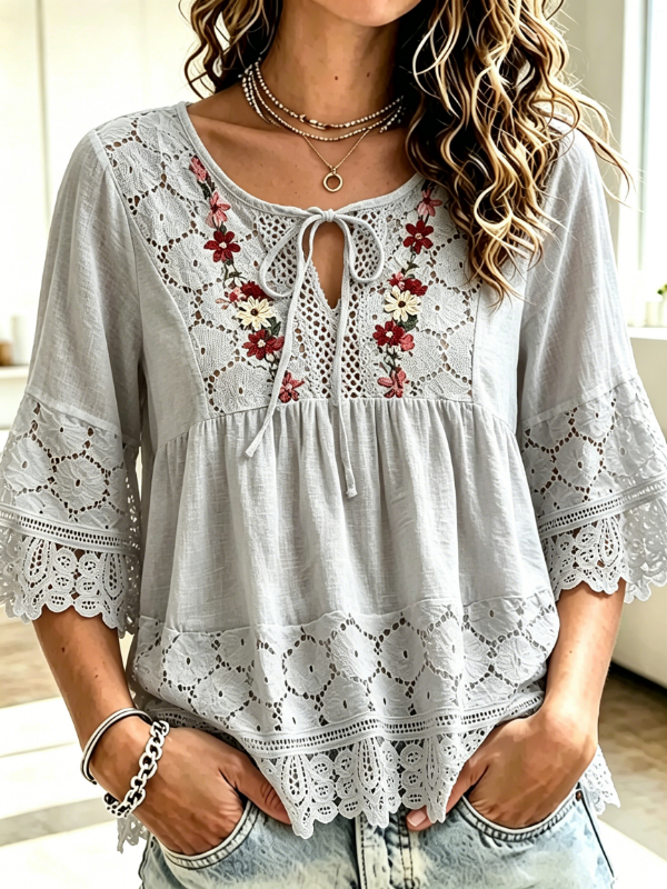 Women's Boho Lace Floral Embroidery Tie Neck Blouse