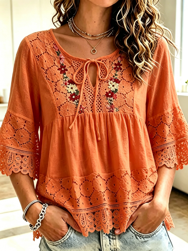 Women's Boho Lace Floral Embroidery Tie Neck Blouse