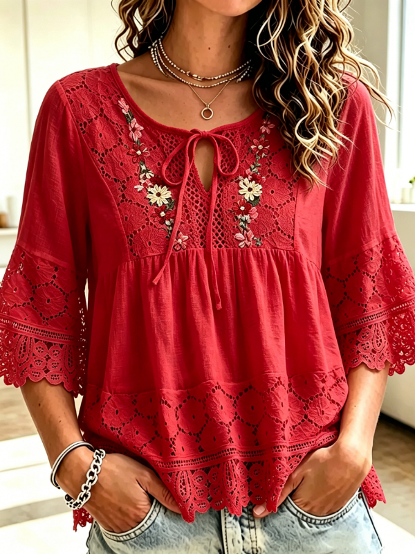 Women's Boho Lace Floral Embroidery Tie Neck Blouse