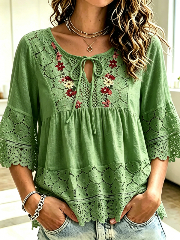 Women's Boho Lace Floral Embroidery Tie Neck Blouse
