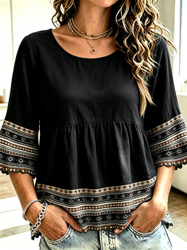 Women's Tribal Geometric Print 3/4 Sleeve Casual Blouse