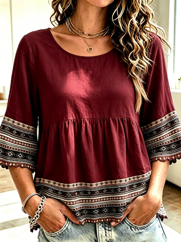 Women's Tribal Geometric Print 3/4 Sleeve Casual Blouse