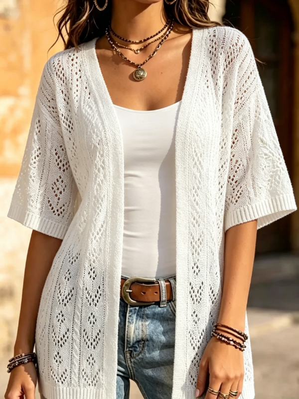 Women's Hollow Knit Short Sleeve Open Front Cardigan
