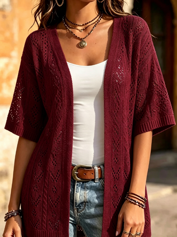 Women's Hollow Knit Short Sleeve Open Front Cardigan