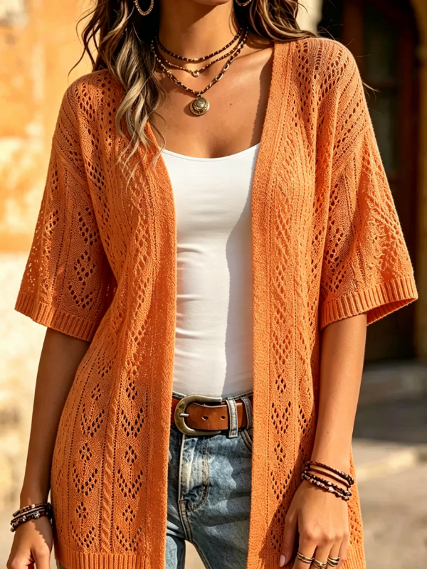 Women's Hollow Knit Short Sleeve Open Front Cardigan