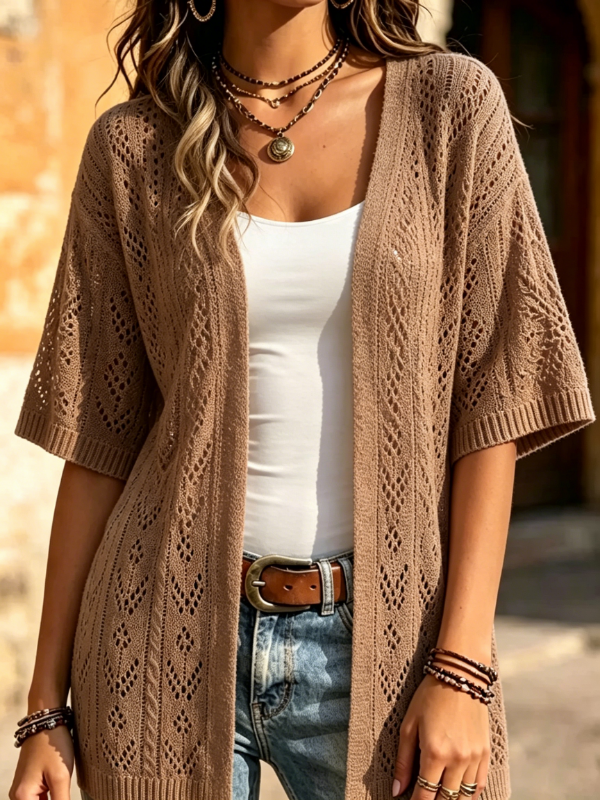 Women's Hollow Knit Short Sleeve Open Front Cardigan