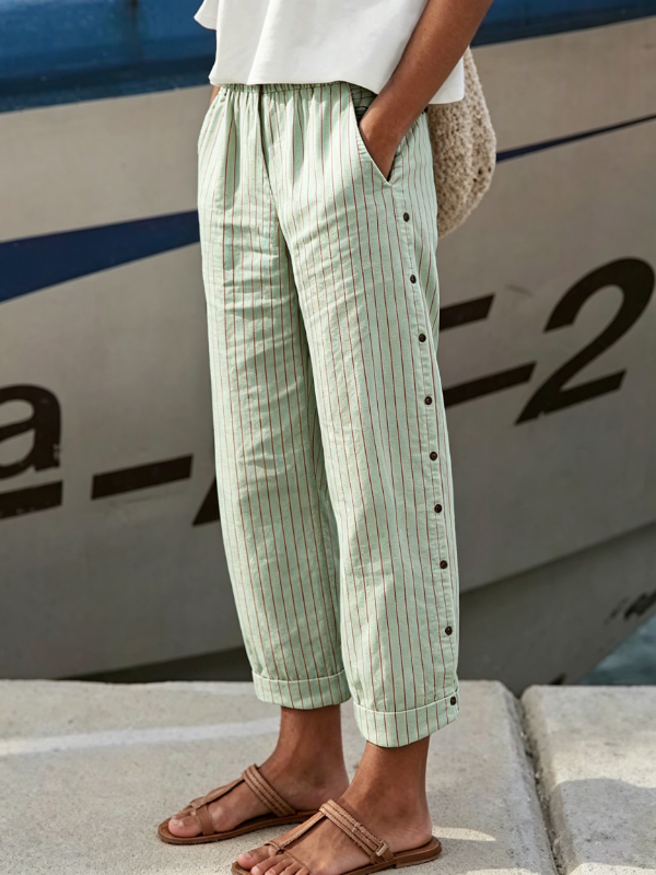 Women's Vertical Stripe Side Button Cuffed Cropped Linen Pants