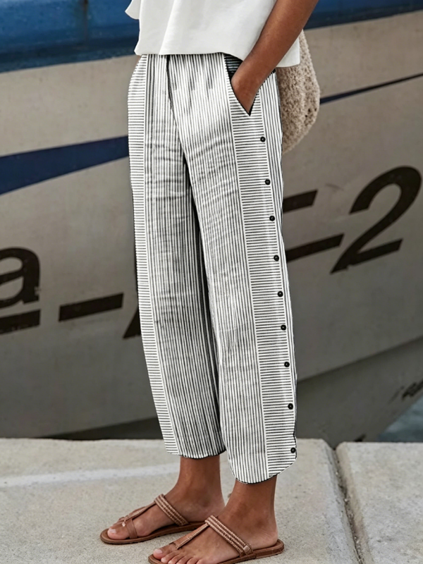 Women's Vertical Stripe Side Button Cuffed Cropped Linen Pants