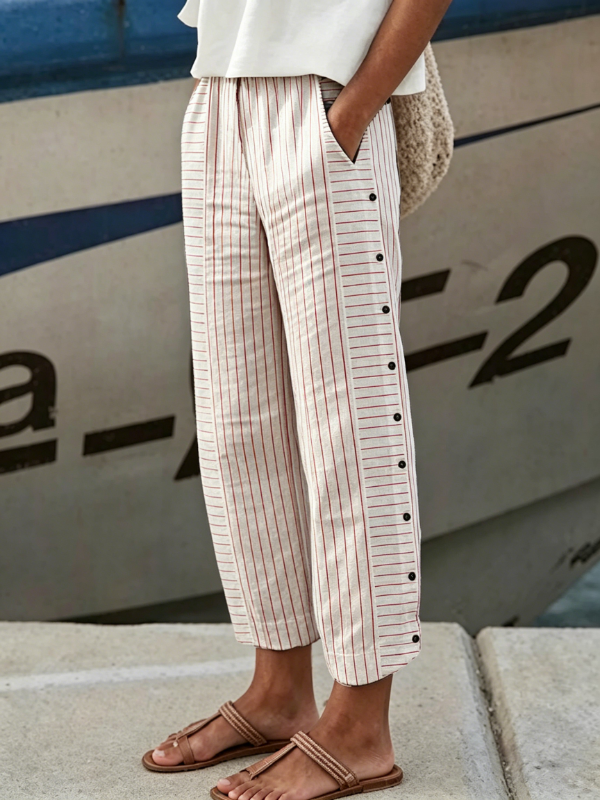 Women's Vertical Stripe Side Button Cuffed Cropped Linen Pants