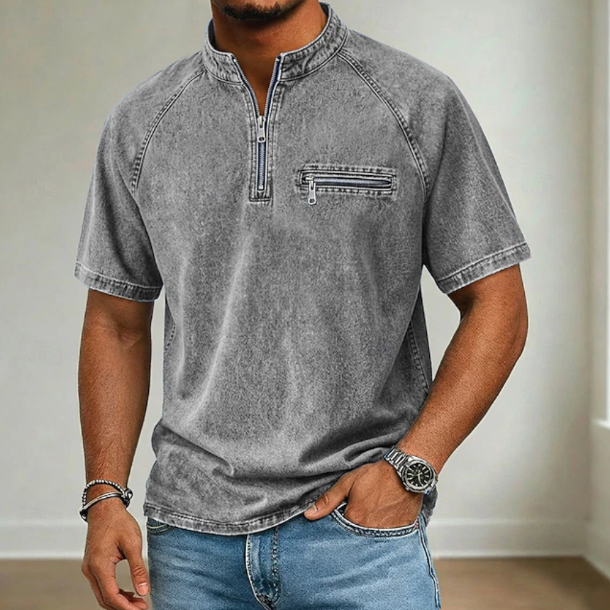Men's Vintage Washed Raglan Half Zip Pocket Short Sleeve Shirt