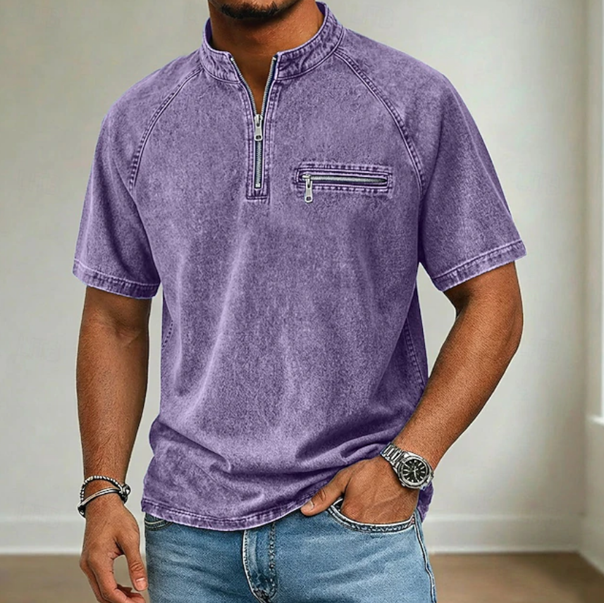 Men's Vintage Washed Raglan Half Zip Pocket Short Sleeve Shirt