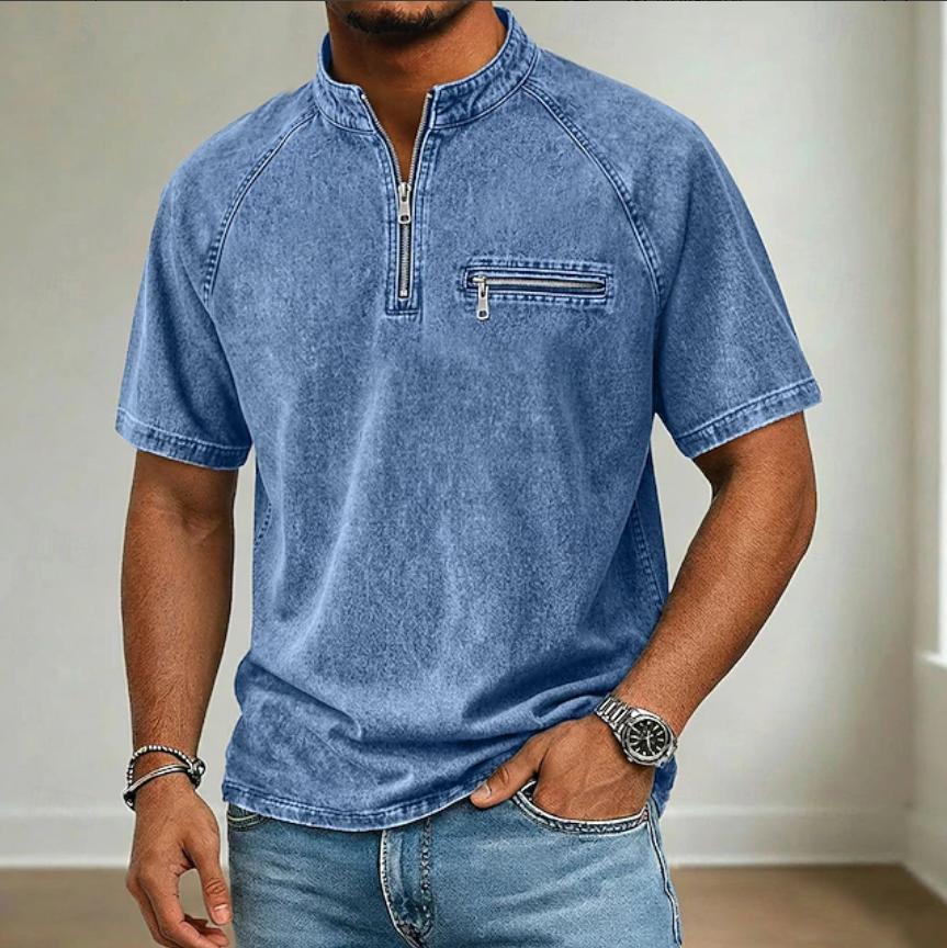 Men's Vintage Washed Raglan Half Zip Pocket Short Sleeve Shirt