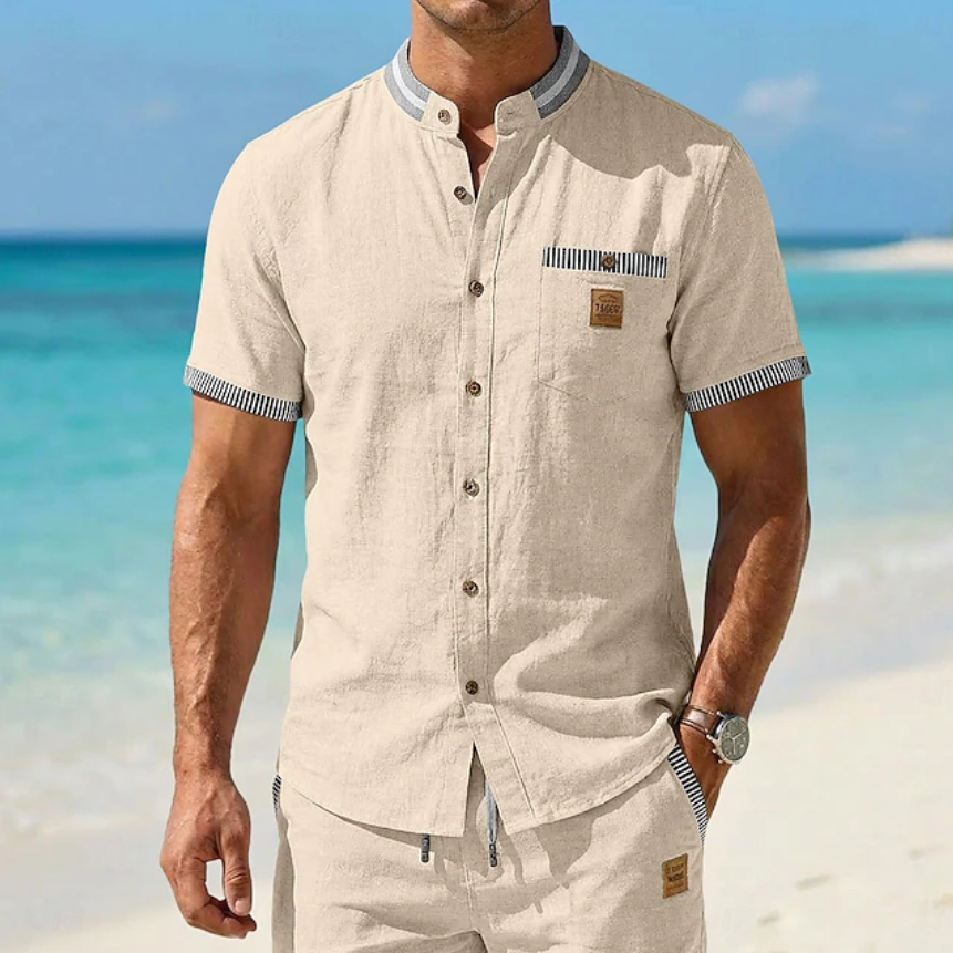 Men’s Striped Contrast Trim Mandarin Collar Linen Short Sleeve Shirt