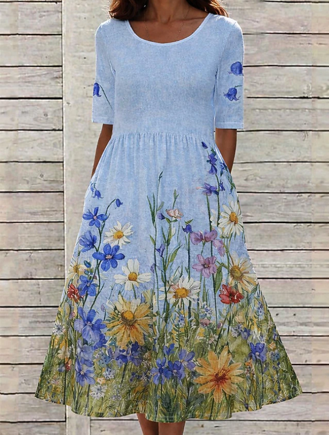 Women's Watercolor Floral Print Half Sleeve Midi Dress