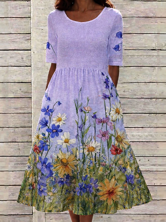 Women's Watercolor Floral Print Half Sleeve Midi Dress