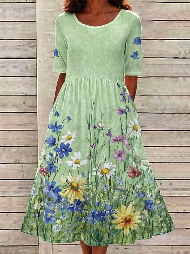 Women's Watercolor Floral Print Half Sleeve Midi Dress