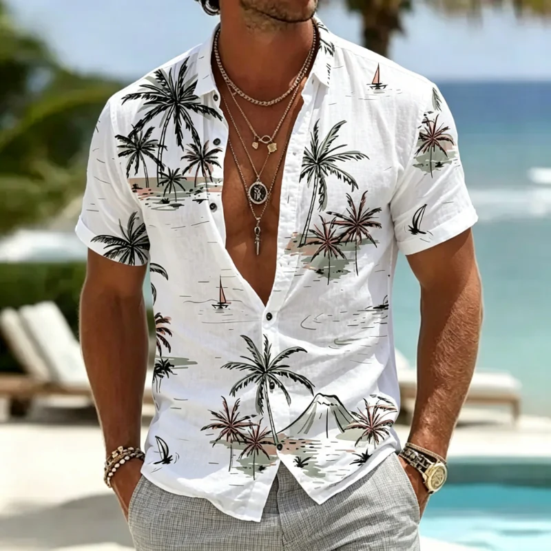 Men's Tropical Palm Tree Print Short Sleeve Button Down Shirt