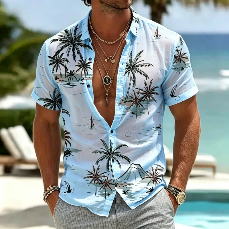 Men's Tropical Palm Tree Print Short Sleeve Button Down Shirt