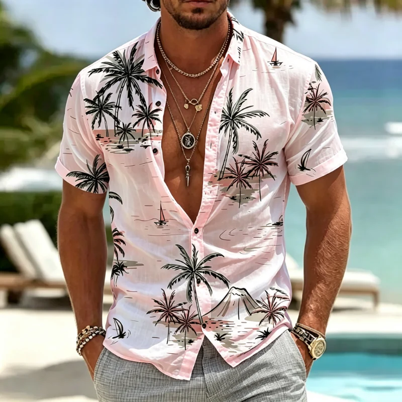 Men's Tropical Palm Tree Print Short Sleeve Button Down Shirt