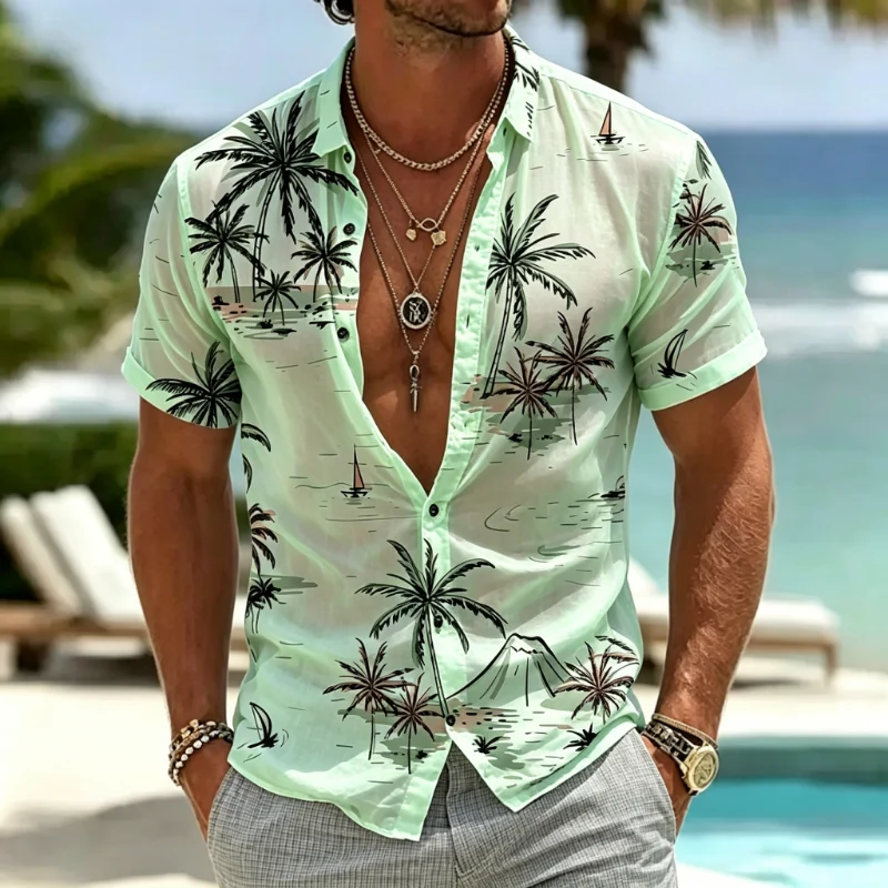 Men's Tropical Palm Tree Print Short Sleeve Button Down Shirt